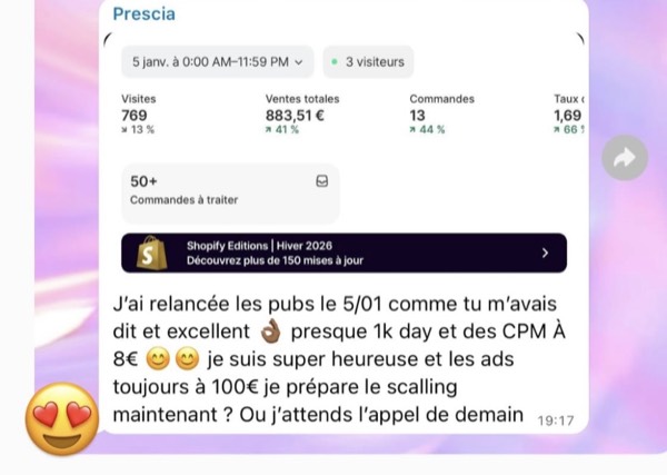 Prescia — 883€ de ventes, 13 commandes sur Shopify
