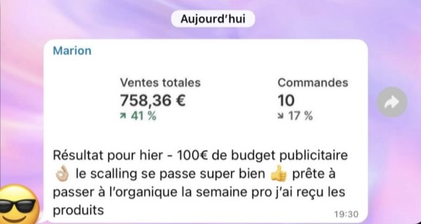 Marion — 758€ de ventes avec 100€ de budget pub