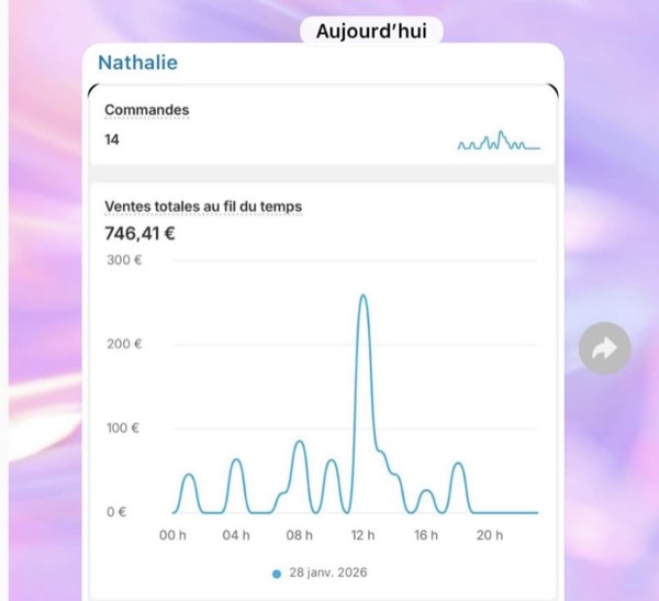 Nathalie — 746€ de ventes, 14 commandes en une journée